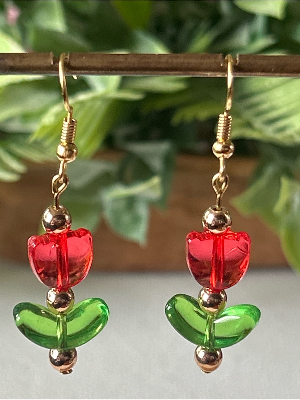 Handmade tulip flower drop earrings with gold tone hematite
